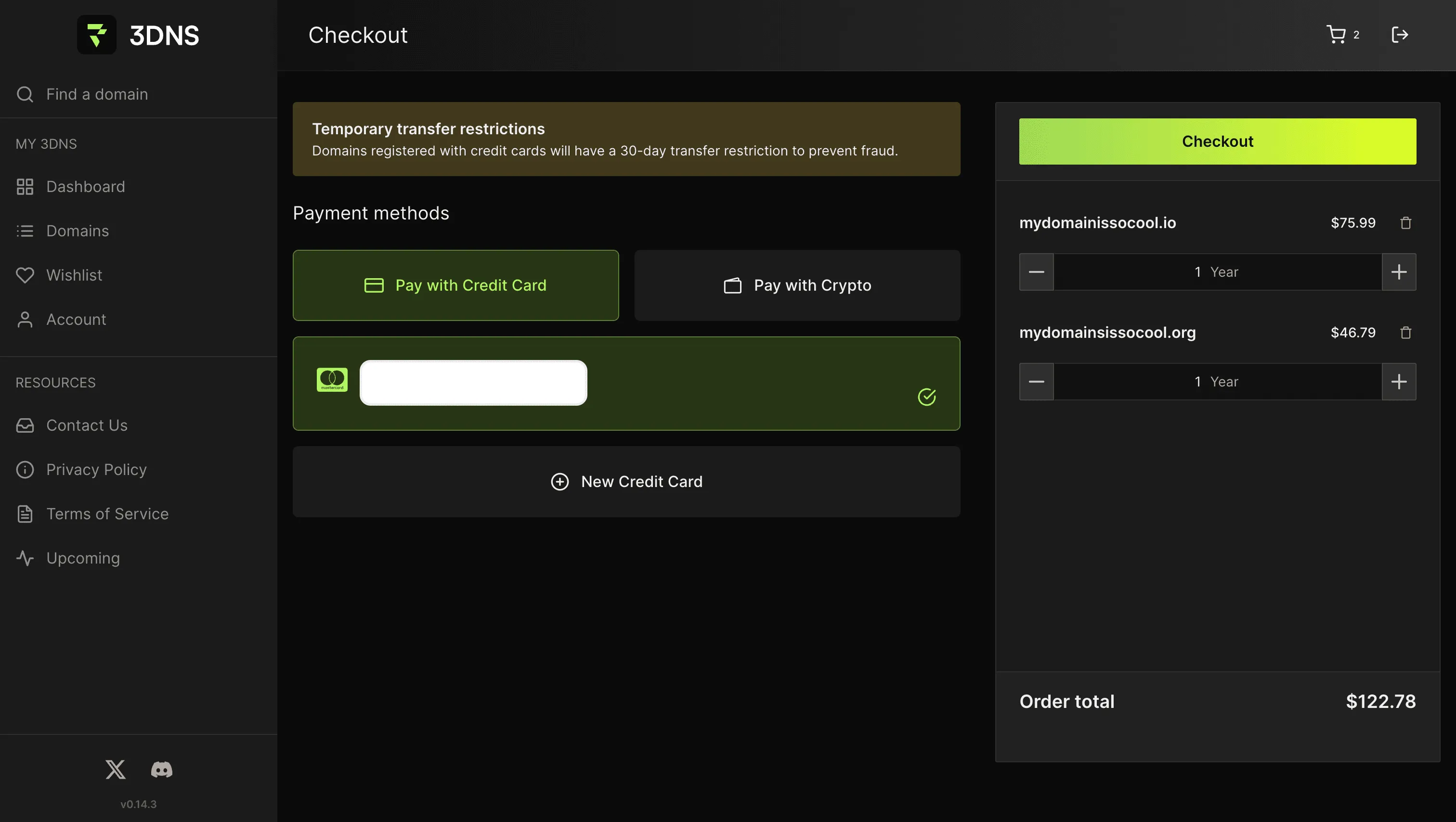 Completing a domain name registration on 3DNS